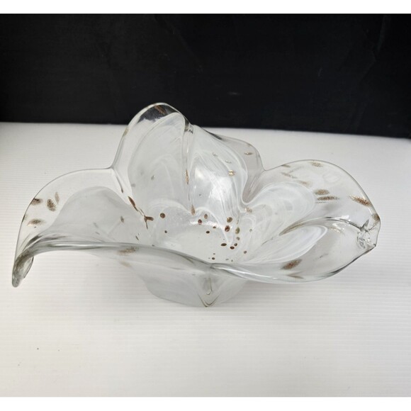 VTG Art Glass Copper Clear & White Handkerchief Flower Petal Bowl Hand Blown 9" - Picture 8 of 11